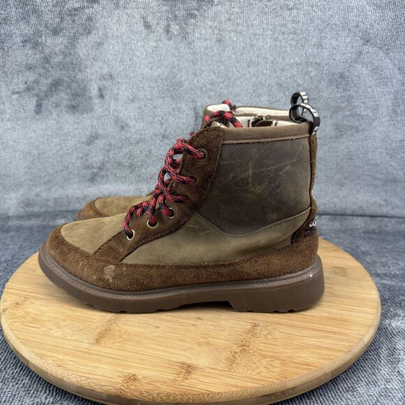 UGG Boots Youth Size 4 Brown Leather Suede Lace Up Side Zip Shearling Lined - Picture 3 of 11